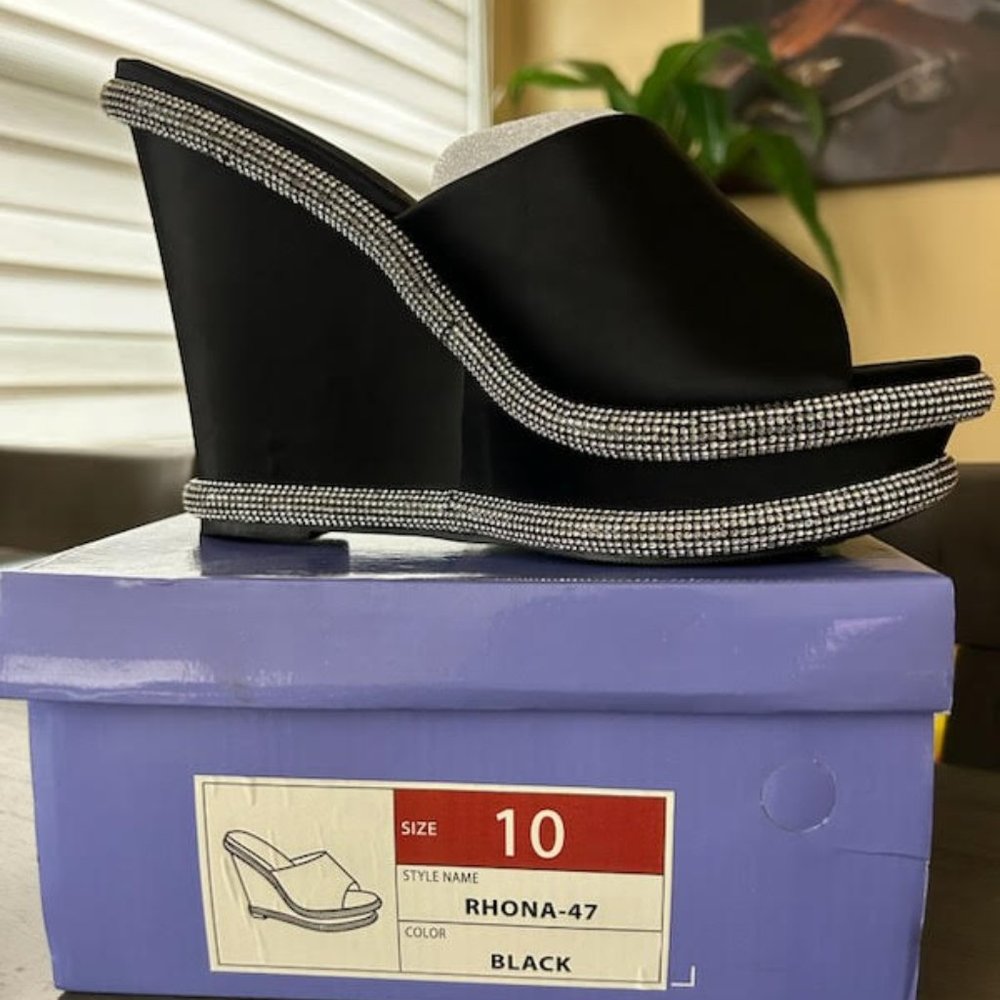 Rhinestone Double Platform Wedge Mules